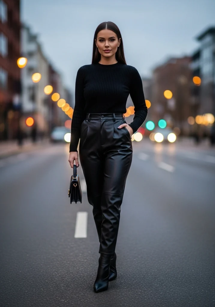 Chic Black Ribbed Sweater + Faux Leather Pants minimalistic outfit idea for women styleglory.com