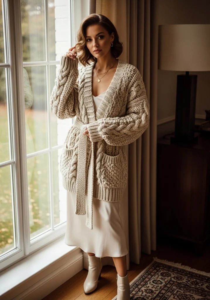 chunky cable-knit cardigan layered over a silk slip dress idea for fall 2025