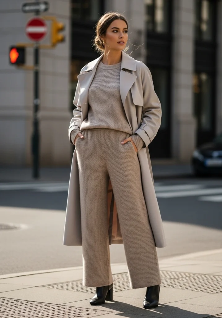 Tonal knit set. Fall Matching sweater and knit pants for women