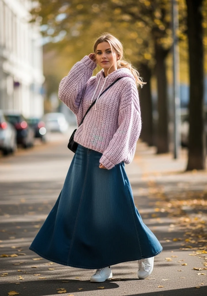 Chunky Knit Hoodie + Denim Maxi Skirt idea for women