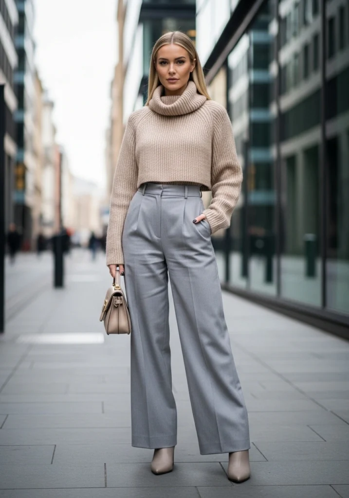 Cropped turtleneck sweater with high-waisted wide-leg pants