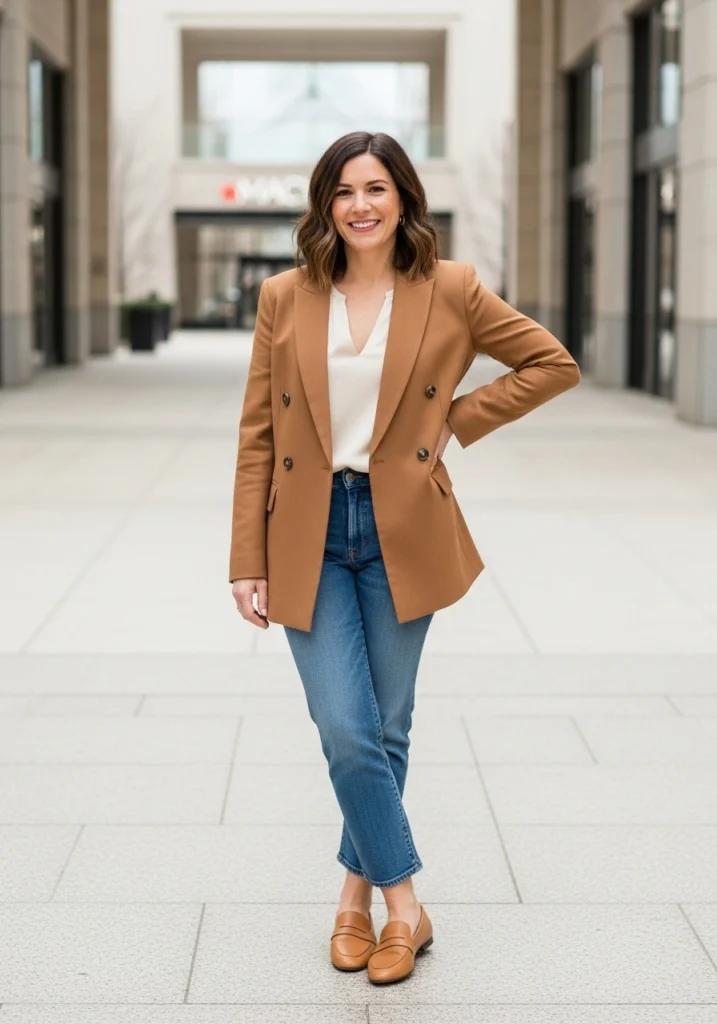 Double-Breasted Blazer in Neutral Tones Best Blazers to Wear with jeans for women