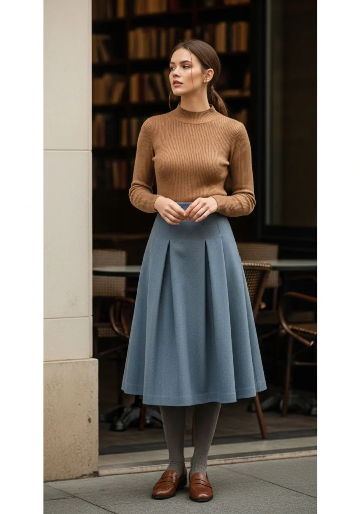 Soft mock neck sweater paired with a pleated wool skirt for women stay stylish in fall
