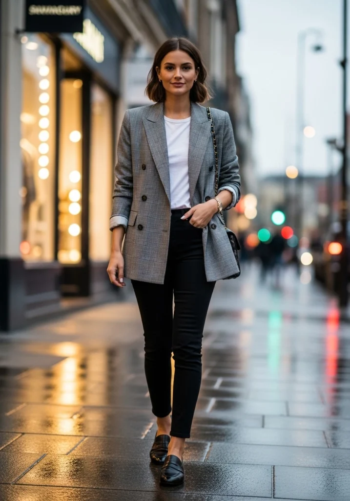 Gray Printed or Patterned Blazer And Jeans Outfit Plaid/Checkered