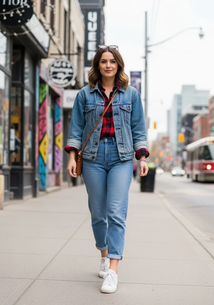 90s Denim Jacket, Flannel Shirt, and Jeans in fall And autumn