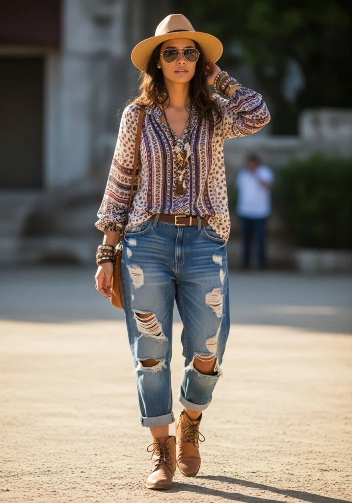 Artistic Boho Vibes in Ripped Baggy Jeans for Women