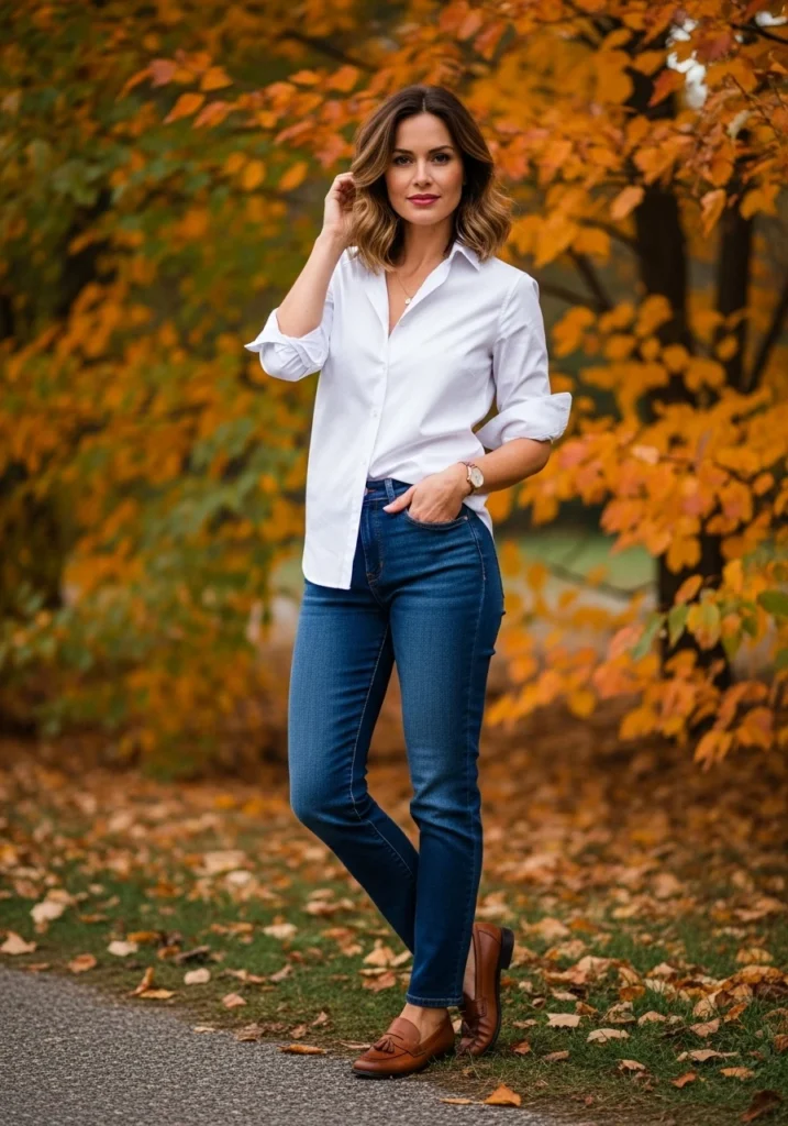 Button-Down Shirt and Tailored Jeans Fall Outfit for women