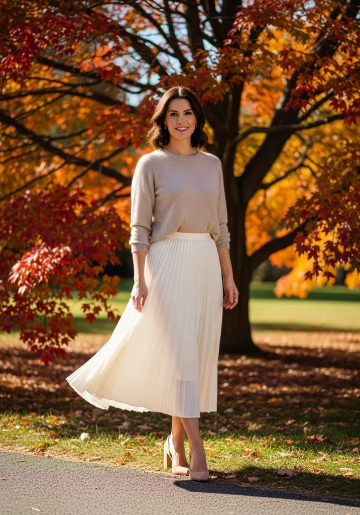 Cashmere Sweater Pleated Skirt Fall Outfit for Women