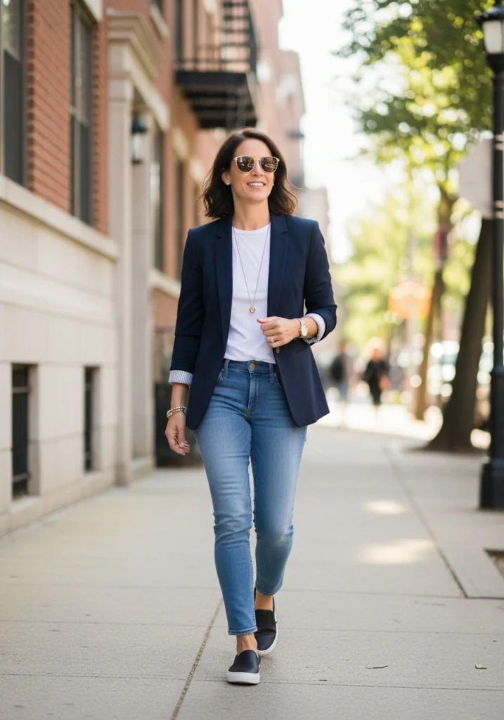 Casual Blazer & T-Shirt Combo Drop-Off Outfits for Moms