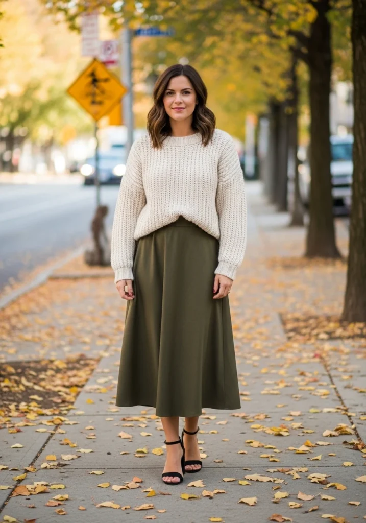 Chunky Knit Sweater and Midi Skirt Combo fall outfit