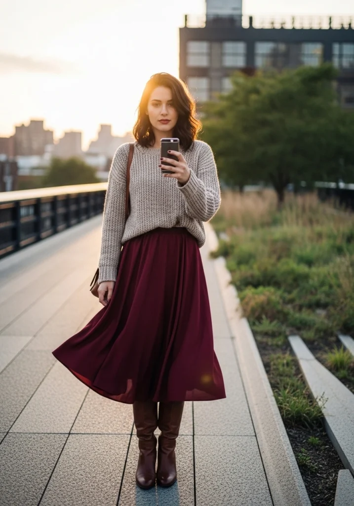 Chunky Sweater, Midi Skirt, and Knee-High Boots for fall