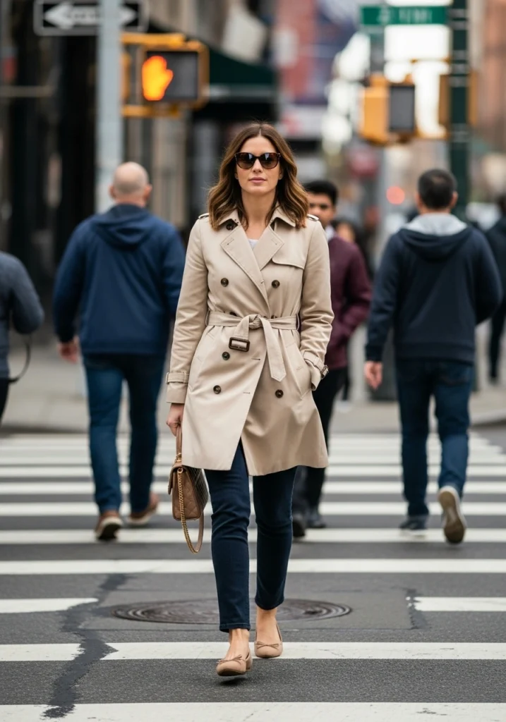 Classic Trench Coat & Dark Jeans Drop-Off Outfits for Mom