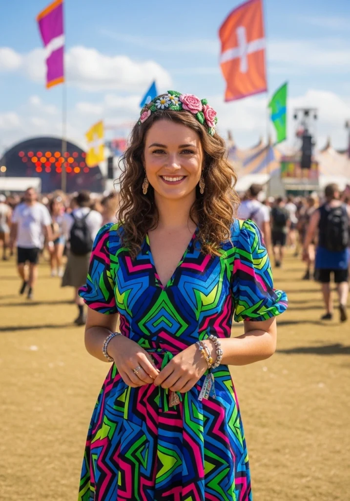 Colorful patterned dress & vintage floral Isle of Wight Festival UK