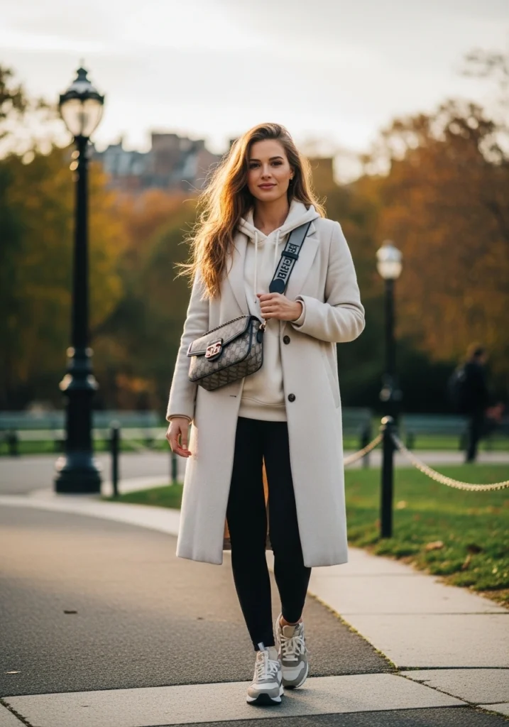 Cream with Ivory Hoodie, Coat, and Leggings in USA Fall outfit