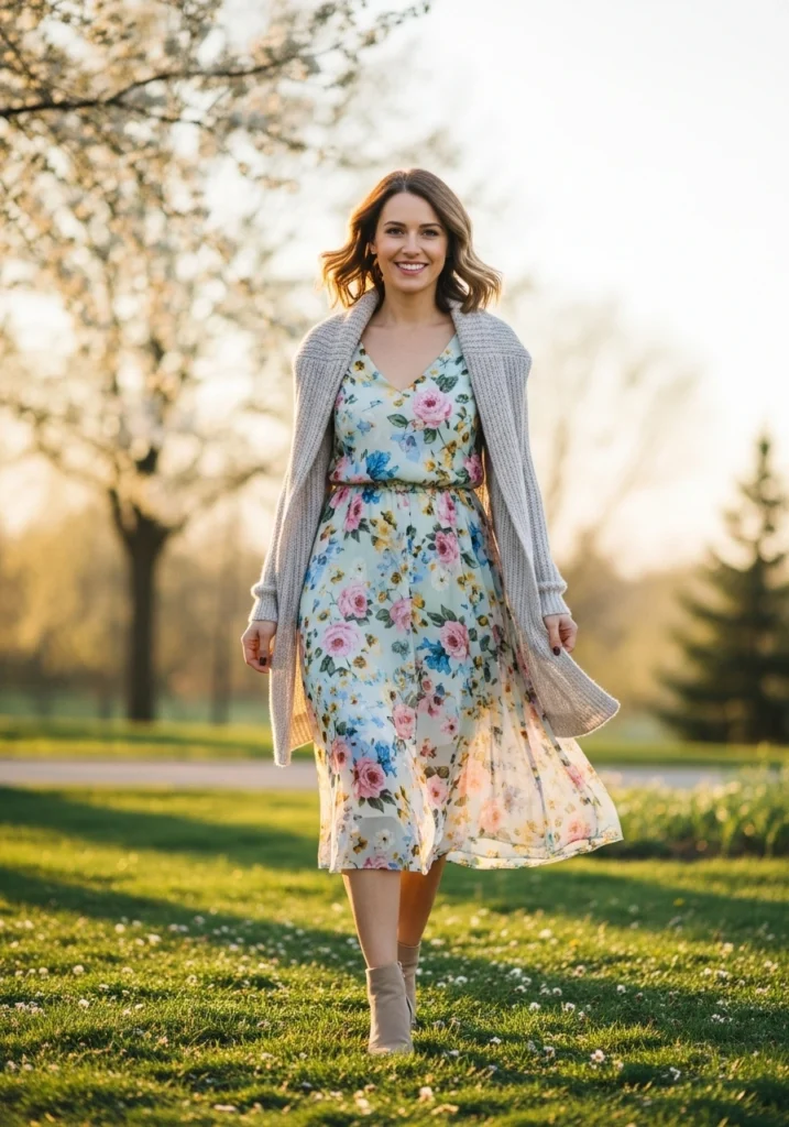 Delicate Floral Midi Dress with Lightweight Knit Prints Patterns