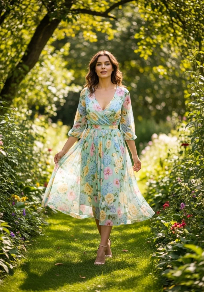 Delicate Floral Midi Dress with Soft Pleats Prints & Patterns