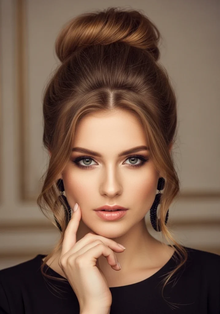 High Bun with Loose Strands Round face Hairstyle
