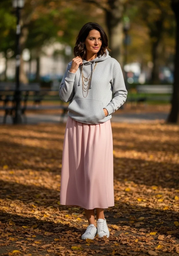 Hoodie, Midi Skirt Sneakers Fall Outfit for Women