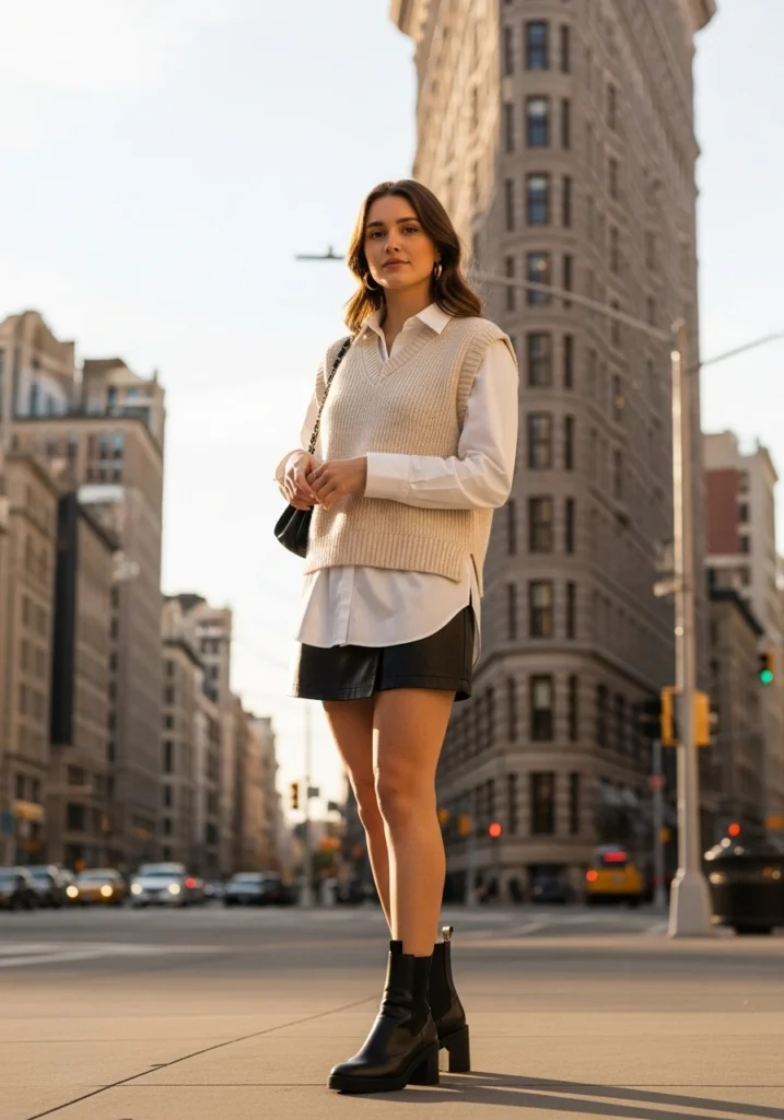 Knit with Sweater Vest, Button-Up, and Leather Skirt