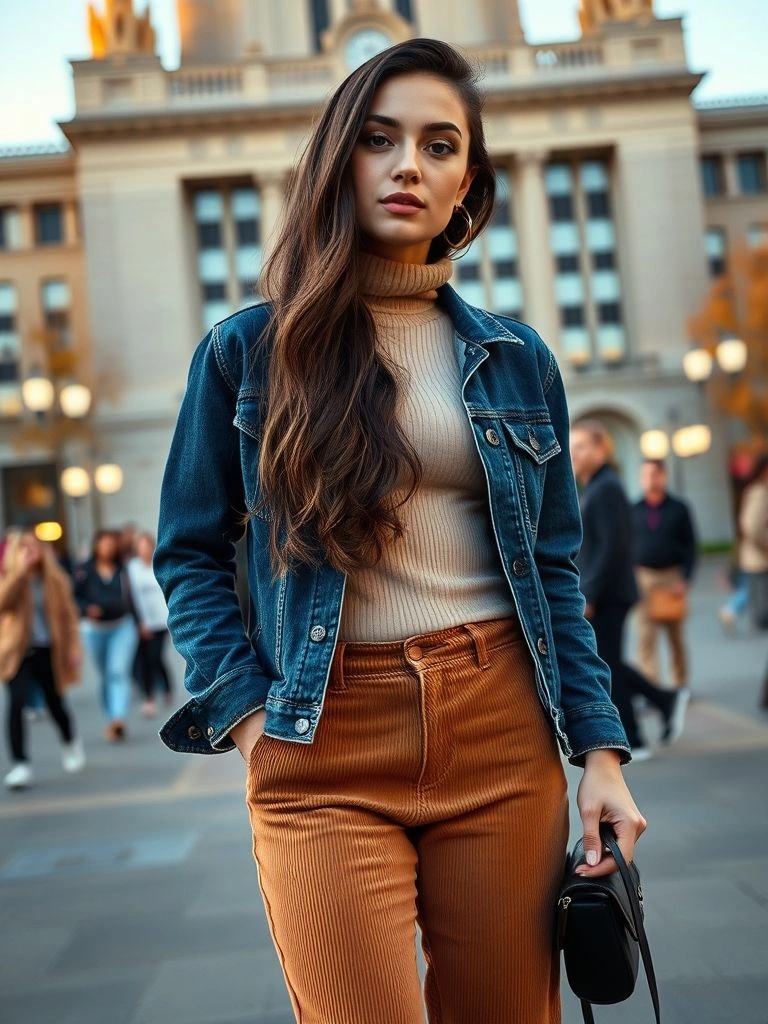 Layers with Denim Jacket, Turtleneck, and Corduroy Pants