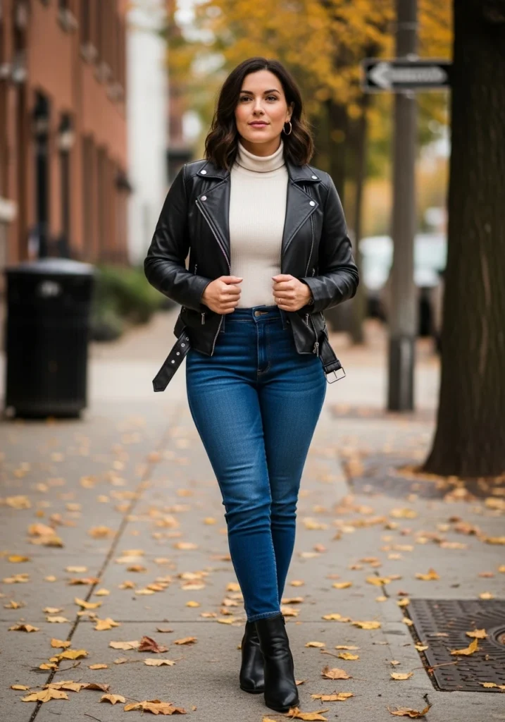 Leather Jacket Layered Over Turtleneck Fall Outfit