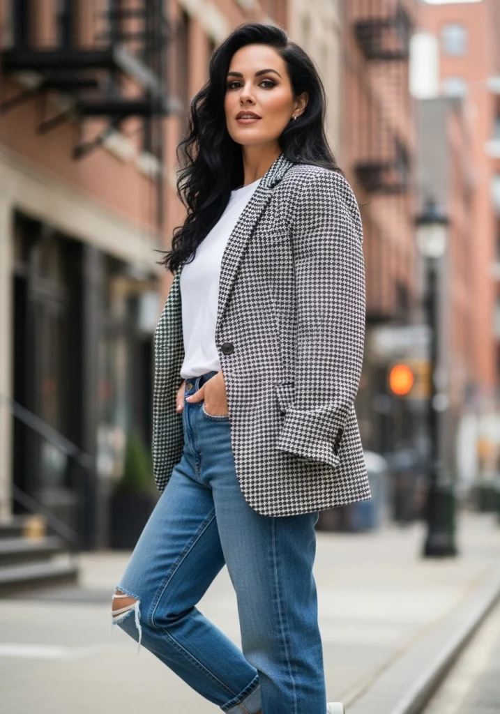 Lightweight Houndstooth Blazer with Relaxed Fit Jeans Prints Patterns