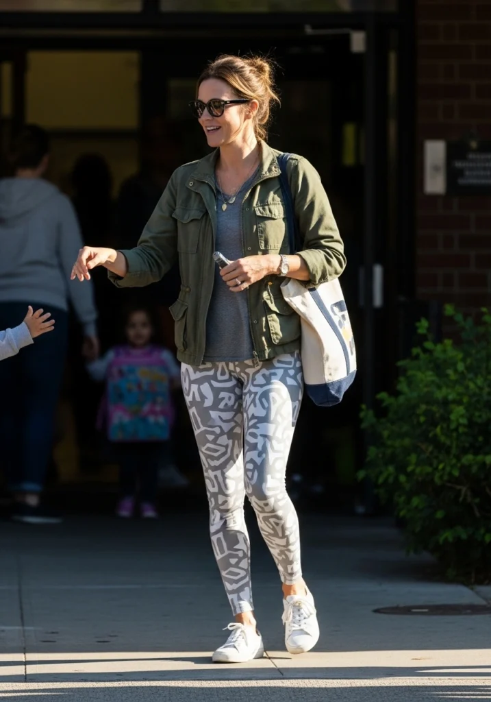 Lightweight Jacket & Printed Leggings Drop-Off Outfits for Mom