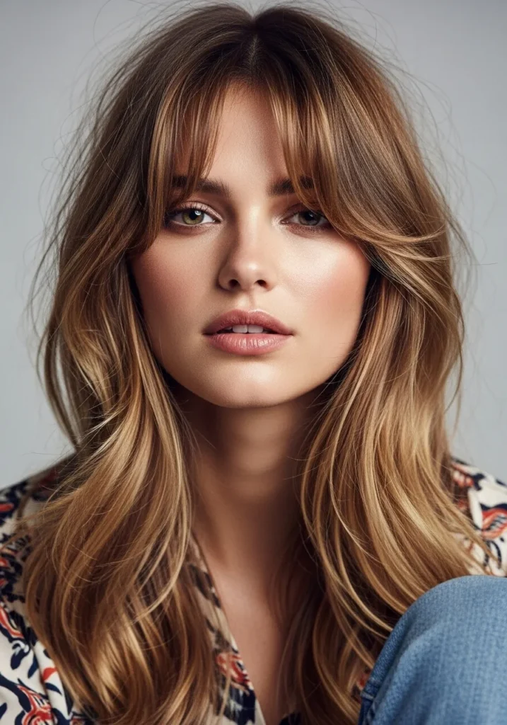 Long Layers with Face-Framing Bangs Round face Hairstyle