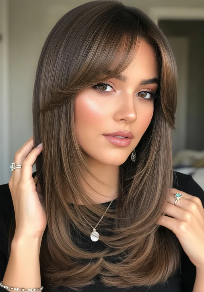 Long Straight Hair with Curtain Bangs Round face Hairstyle