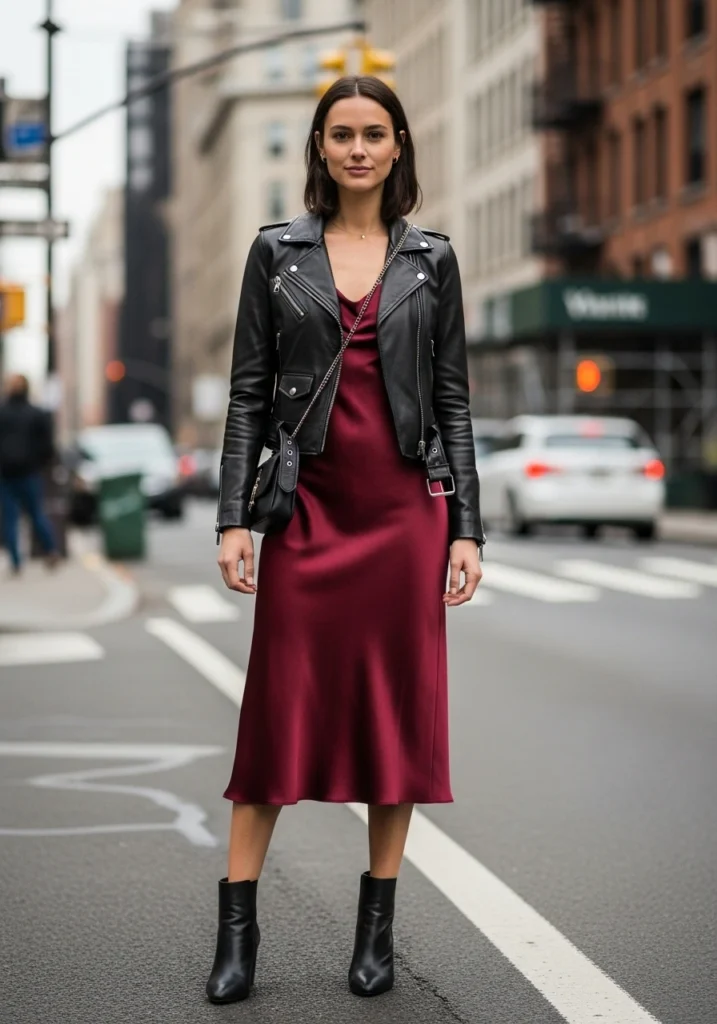 Midi Dress & Leather Jacket Wear Under a Leather Jacket