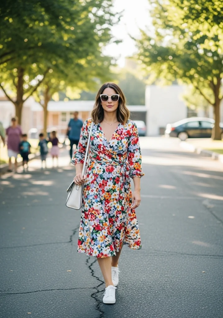 Midi Wrap Dress & White Sneakers Drop-Off Outfits for Moms