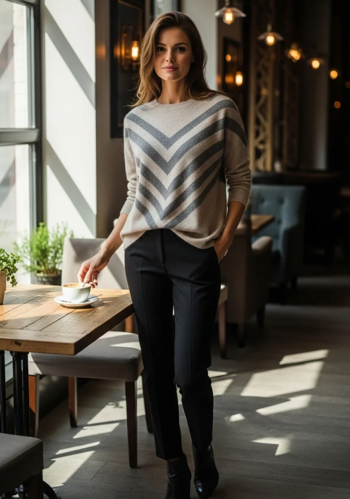 Minimalist Chevron Knit Sweater with Slim Black Trousers Prints & Patterns