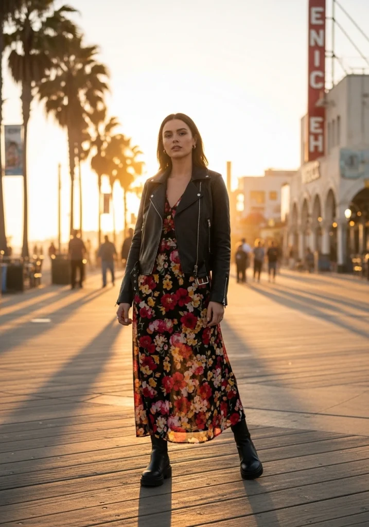Moto Jacket, Maxi Dress, and Boots for Fall