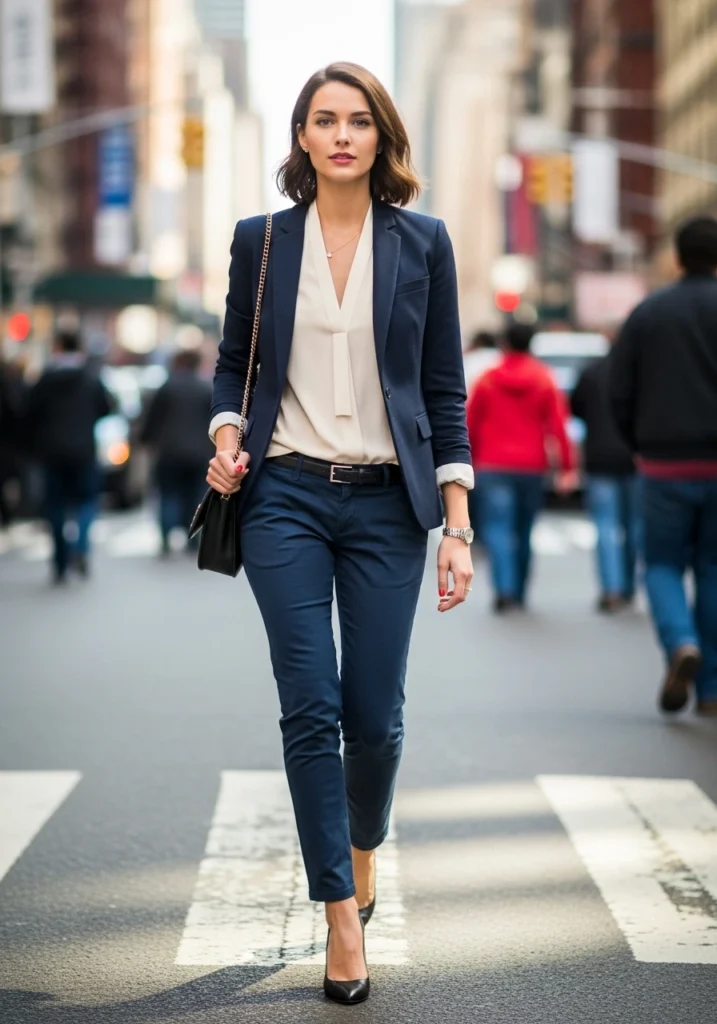 Navy Tailored Blazer & Silk Blouse Old Money Outfit