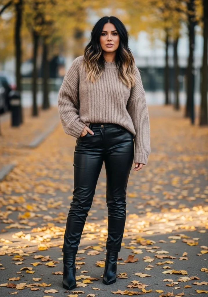 Neutral Sweater Leather Pants Fall Outfit for Women