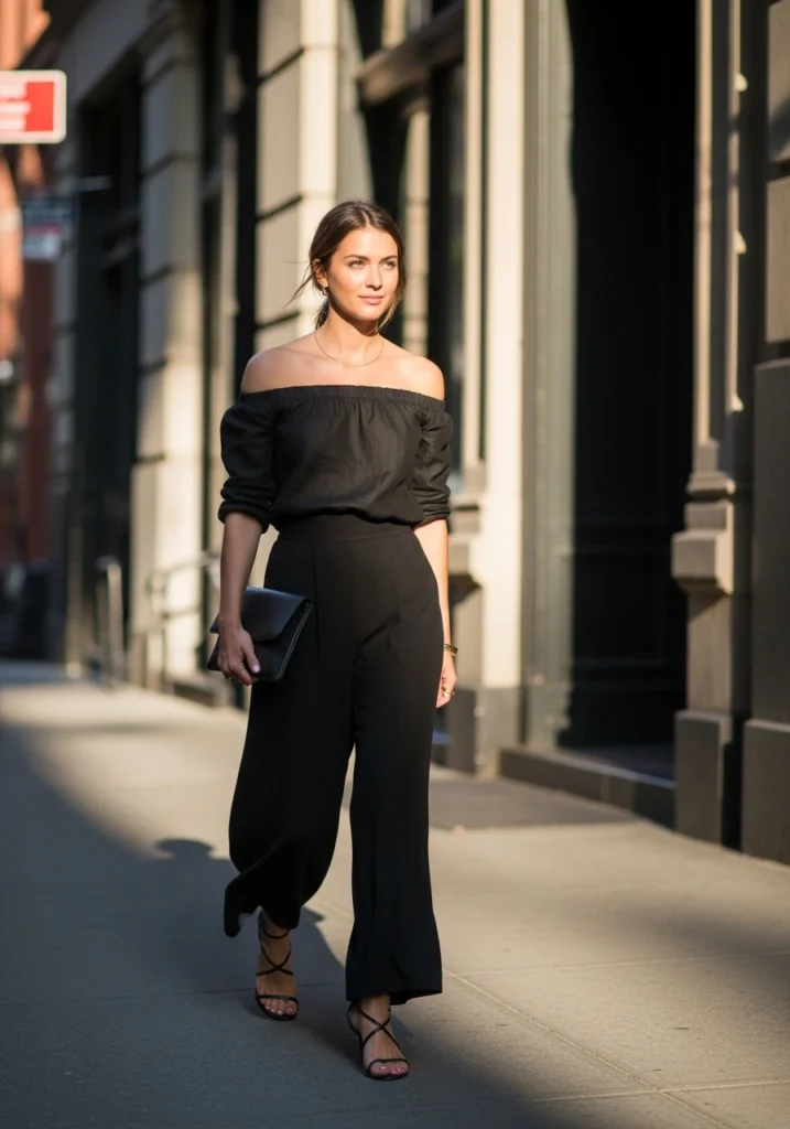 Off-Shoulder Black Linen Top & Wide-Leg Pants Black Outfits In Summer IN NYC