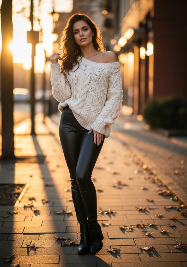 Oversized Cable Knit Sweater and Leather Leggings