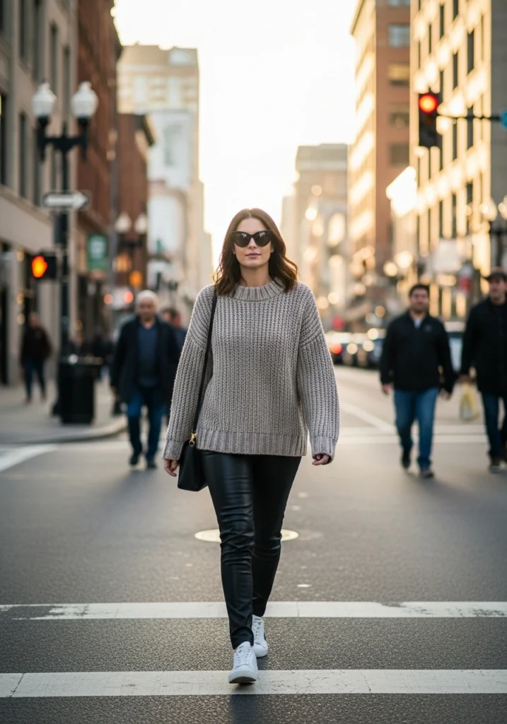 Oversized Sweater & Skinny Leather Pants Drop-Off Outfits for Mom