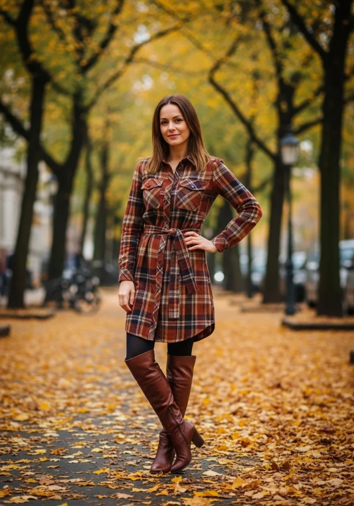 Plaid Shirt Dress with Knee-High Boots Fall Outfit