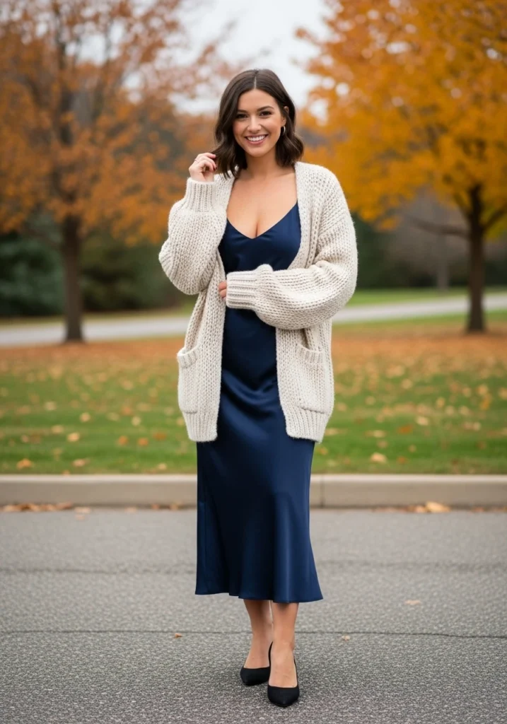 Satin Slip Dress with Layering for Fall guest outfit