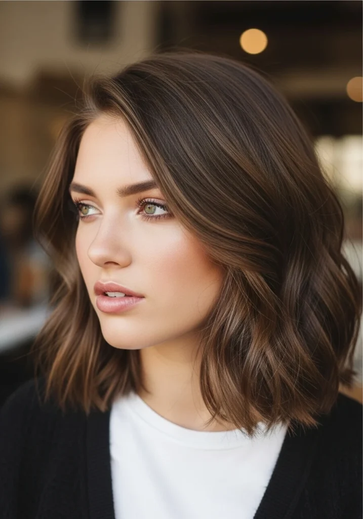 Shoulder-Length Lob with Side Part Round face Hairstyle