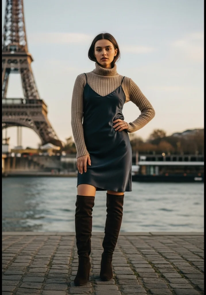 Slip Dress, Knit Turtleneck, and Boots in France Tour