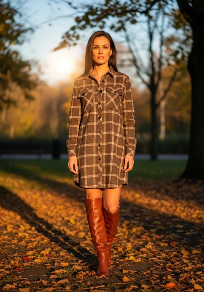 Soft Plaid Shirt Dress with Button Details