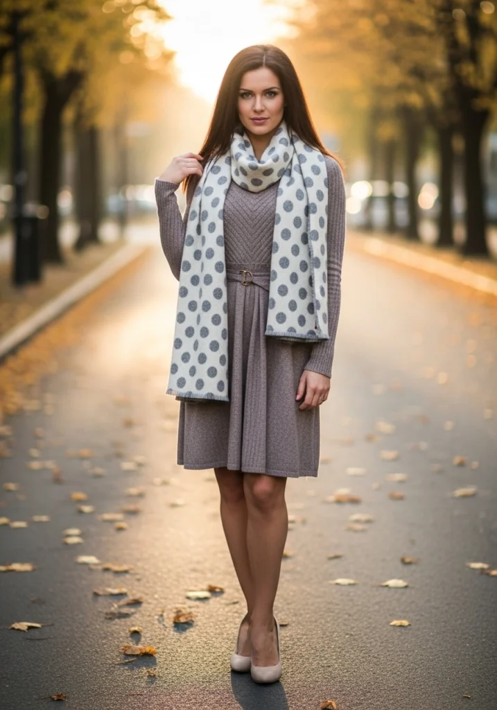 Soft Polka Dot Scarf Paired with Neutral Knit Dress Prints & Patterns