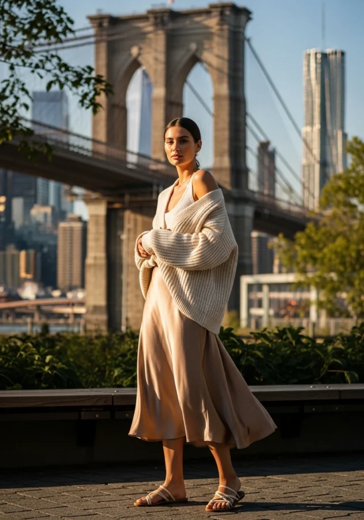 Soft Statement with Oversized Cardigan and Satin Skirt for fall outfit