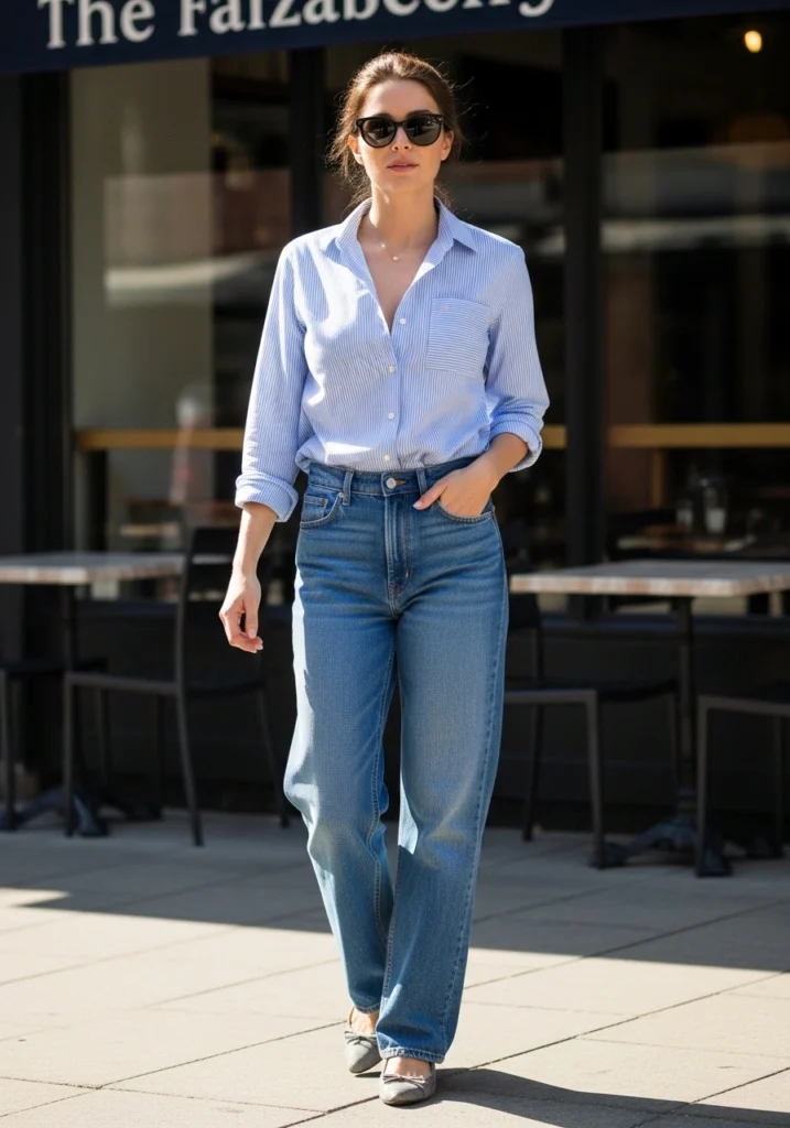 Soft Striped Button-Up Shirt with Relaxed Denim Jeans Prints & Patterns