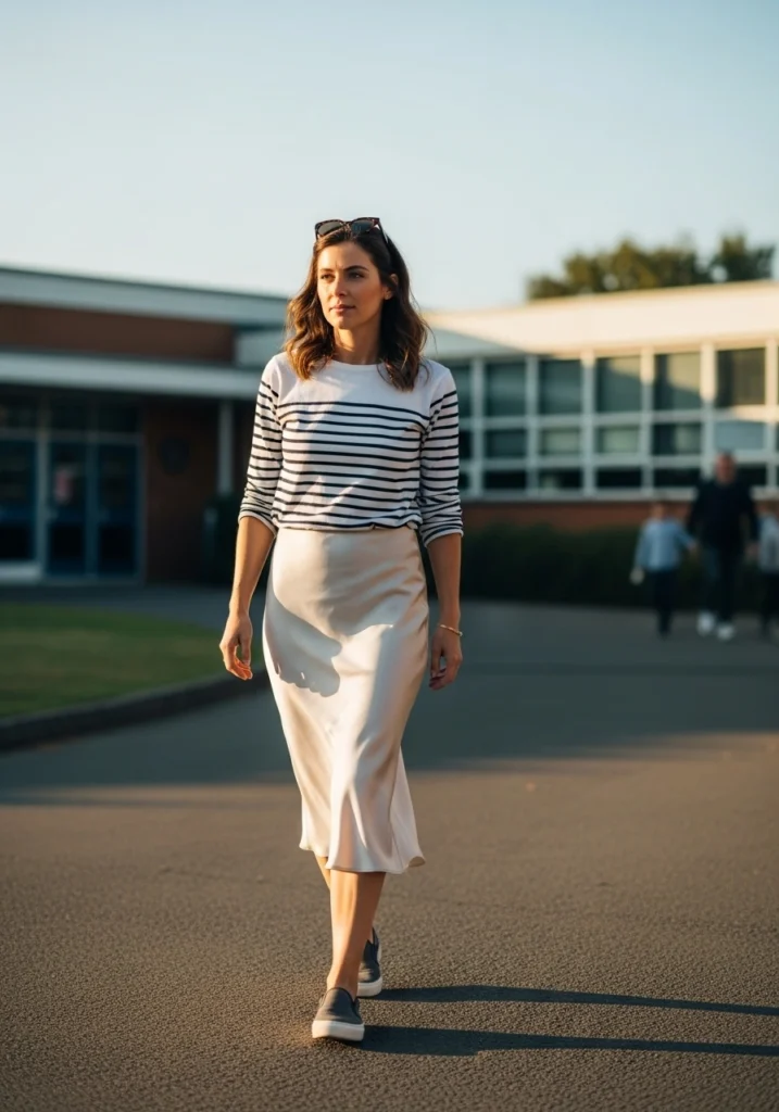 White sweatshirt with black stripes and burgundy satin midi skirt 