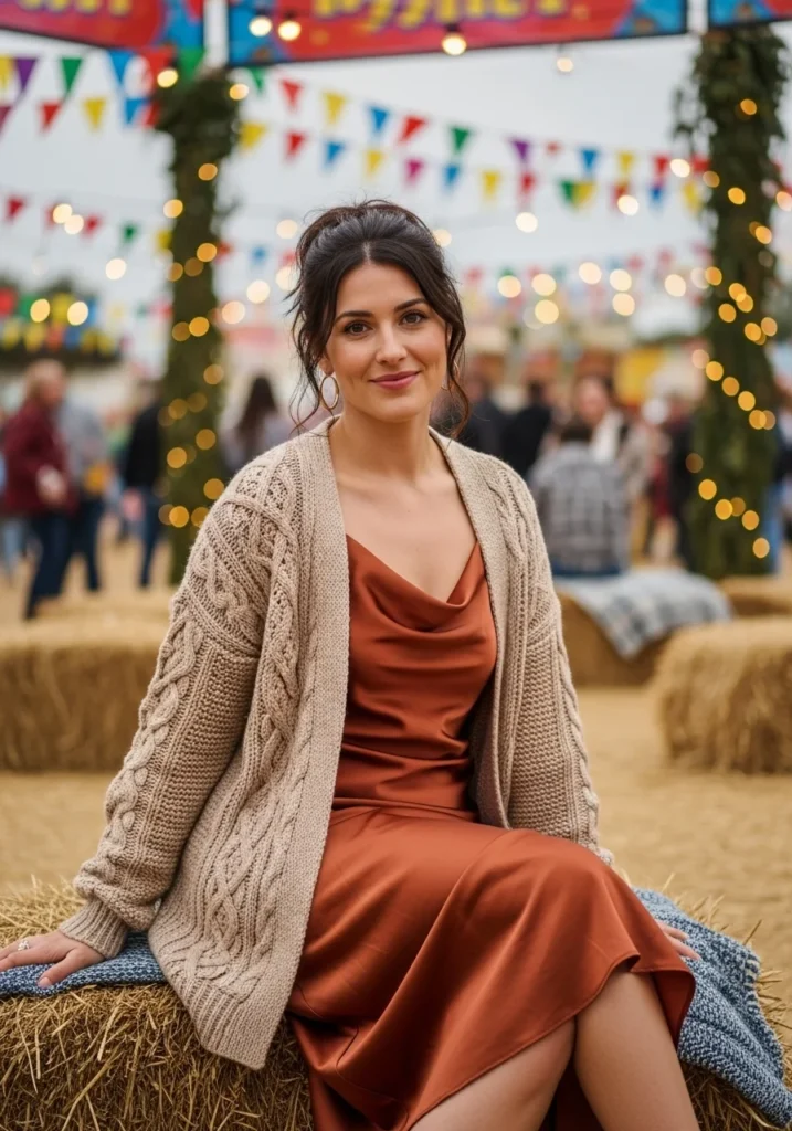 Cable Knit Cardigan with Midi Slip Dress For Fall Festival