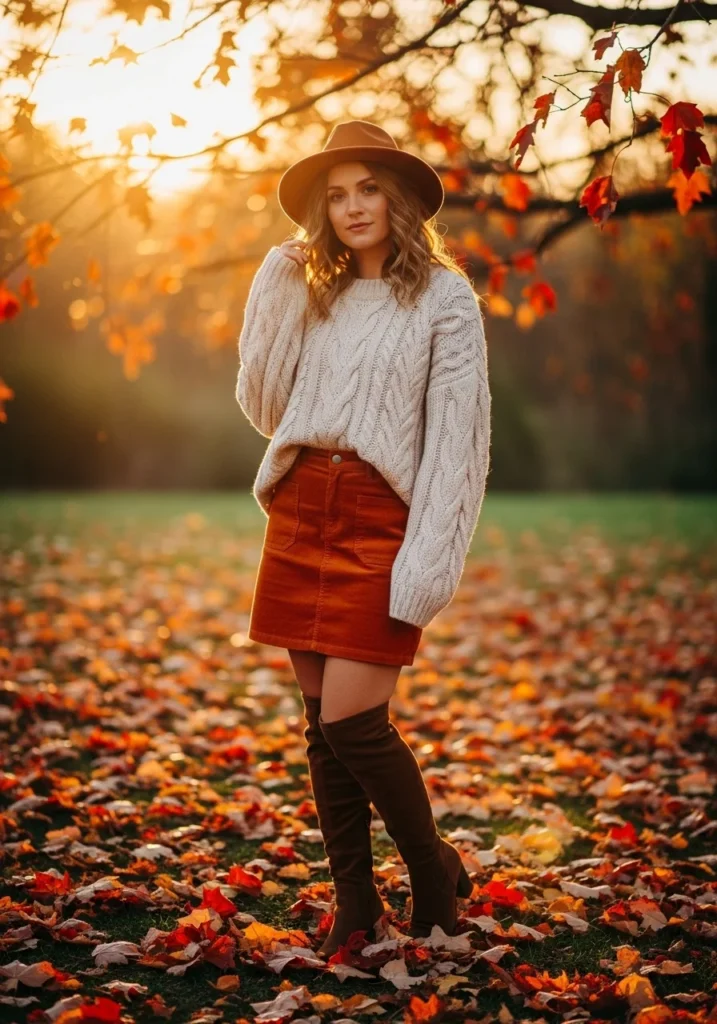 cozy knit with corduroy skirt fall outfit to impress