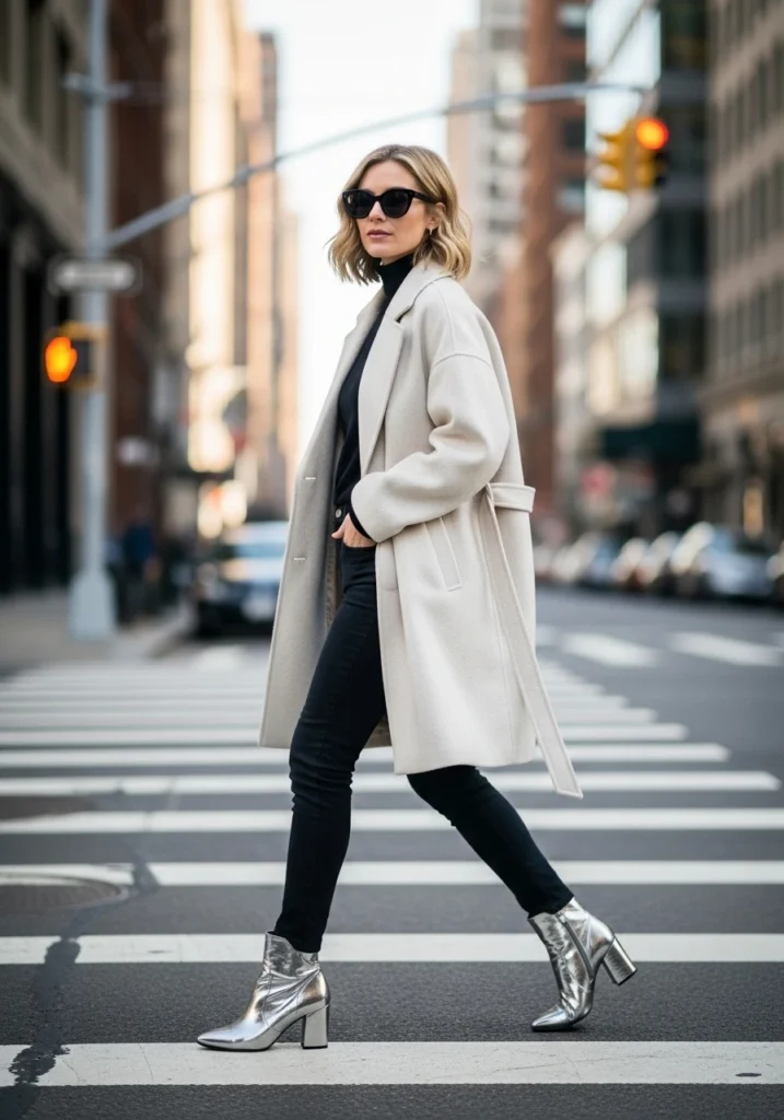 metallic winter boots with jeans